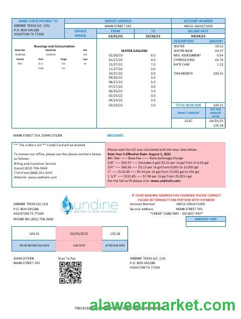 USA Texas Undine water is our element water  utility bill Word and PDF formats